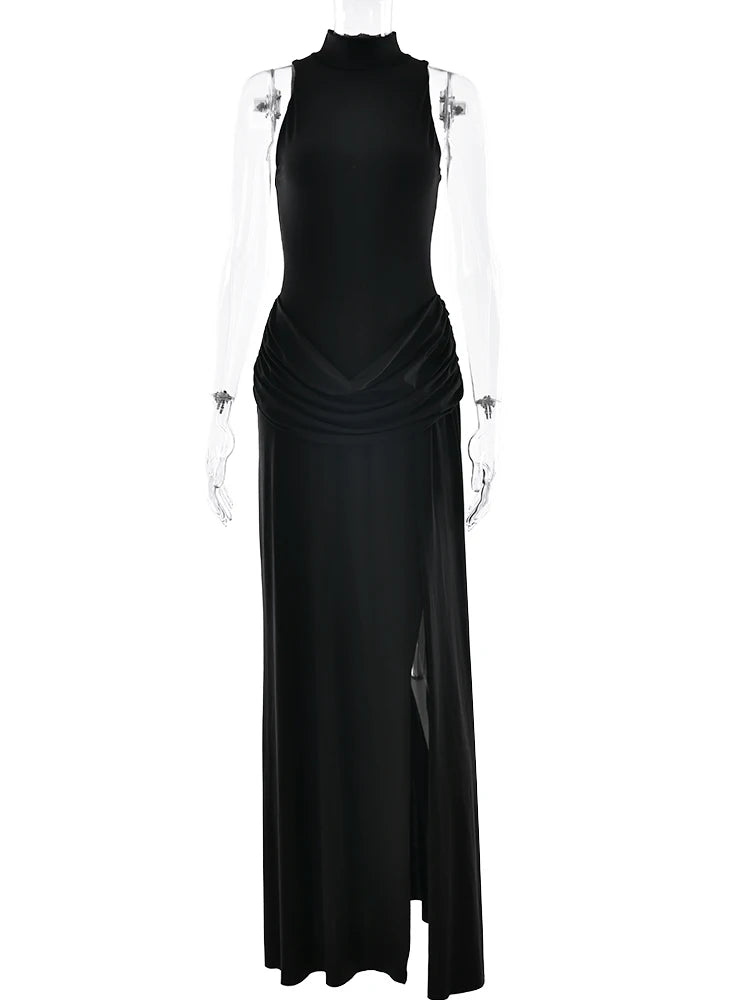 JULISSA MO Sexy High Slit Turtleneck Women Maxi Dress White Sleeveless High Waist Dress Femme Summer Slim Elegant Party Clubwear