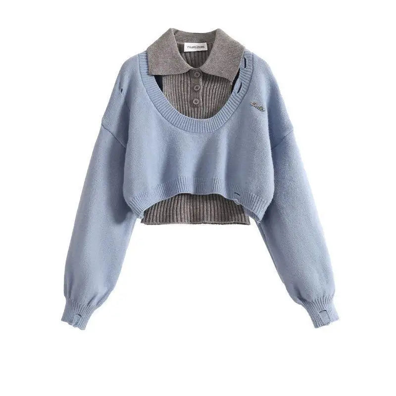 Fashion Women Short Sweater Women's Autumn Winter Wear Two-Piece Set Knitted Sweater And Vest Top outfit knitted Pullover Shirt