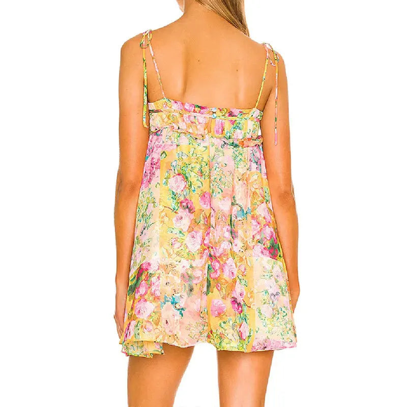 2024 Summer Holiday Bow Ruched Flower Print Suspenders Mini Dress Plus Size S-3XL Women Backless Lacing up Sling Beach Vestidos
