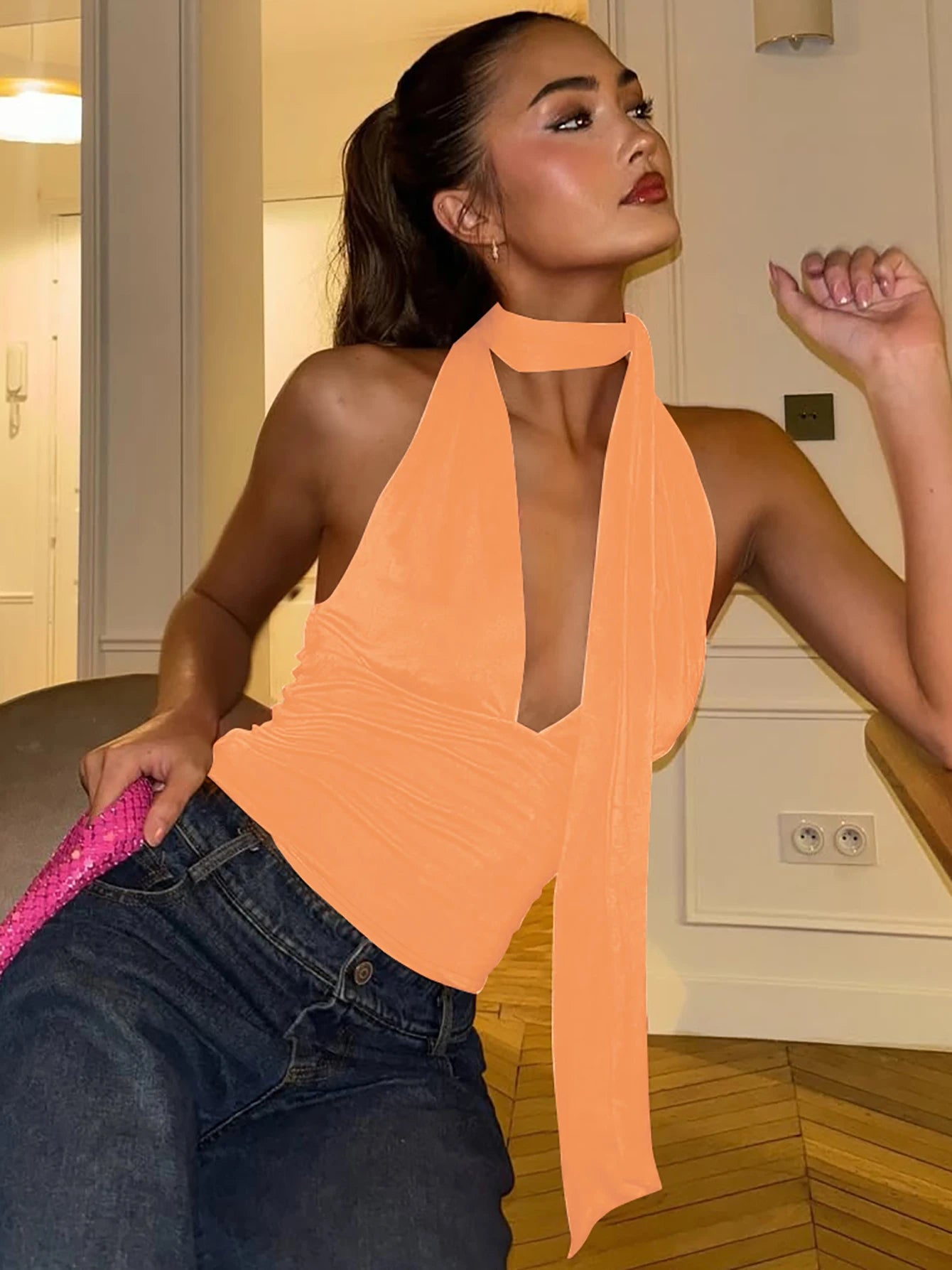 Dulzura V-Neck Sleeveless Halter Backless Bodycon Corp Top Solid Sexy Elegant Y2K Top Party Clubwear Street Summer Vest