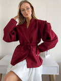 Street Lace Up Women's Blazer Yellow Long Sleeve Lapel Single Button Suit Jacket 2025 Spring Summer Lady Loose Casual Outwear