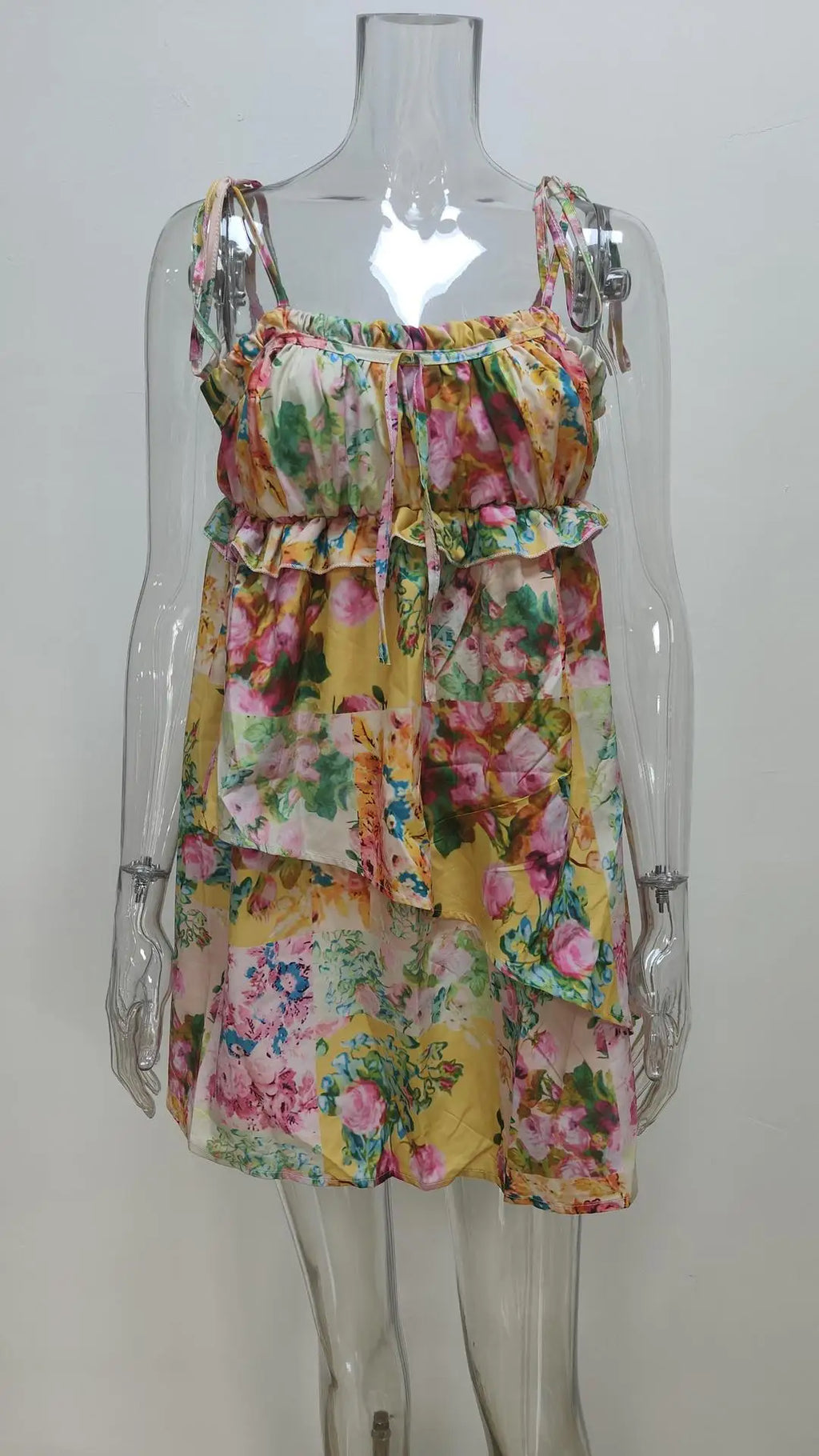 2024 Summer Holiday Bow Ruched Flower Print Suspenders Mini Dress Plus Size S-3XL Women Backless Lacing up Sling Beach Vestidos