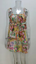 2024 Summer Holiday Bow Ruched Flower Print Suspenders Mini Dress Plus Size S-3XL Women Backless Lacing up Sling Beach Vestidos