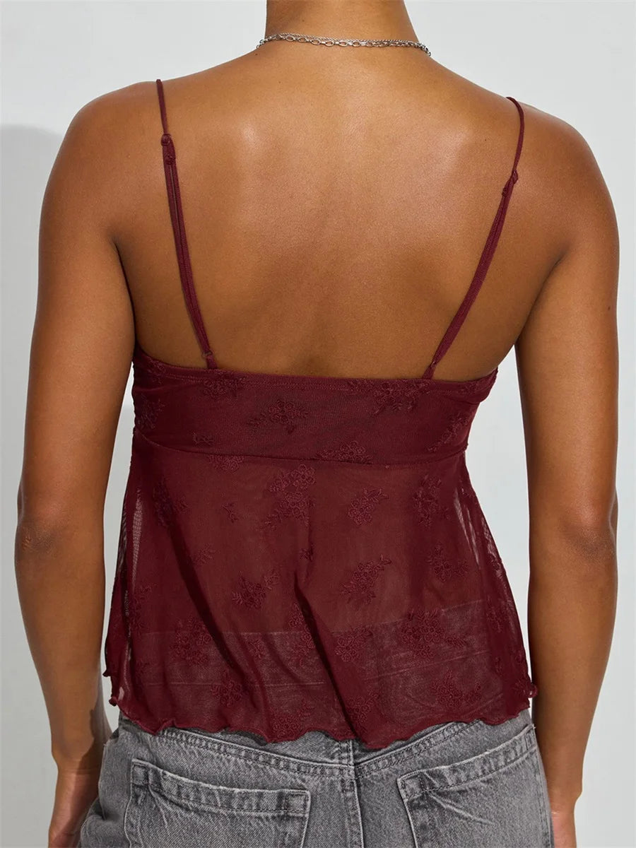 Y2k Crop Tank Top Women Sexy Front Open Sleeveless Camisole Spaghetti Strap Mesh Floral Low V Neck Backless Going Out Cami