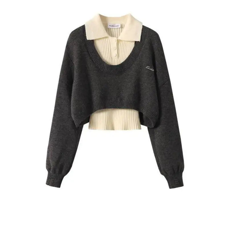Fashion Women Short Sweater Women's Autumn Winter Wear Two-Piece Set Knitted Sweater And Vest Top outfit knitted Pullover Shirt