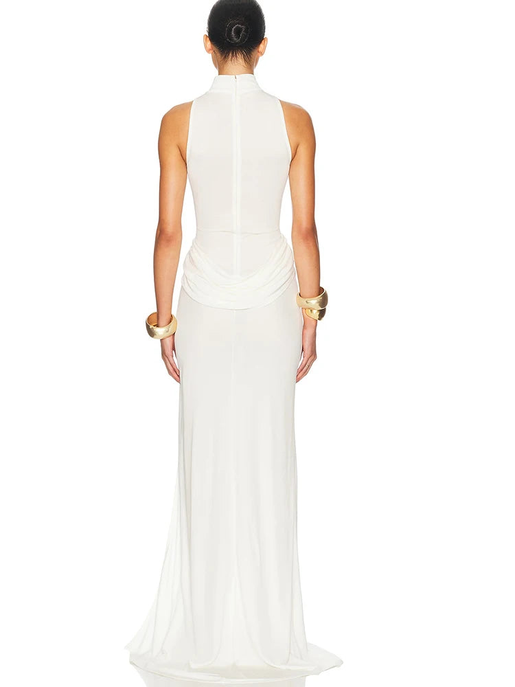 JULISSA MO Sexy High Slit Turtleneck Women Maxi Dress White Sleeveless High Waist Dress Femme Summer Slim Elegant Party Clubwear