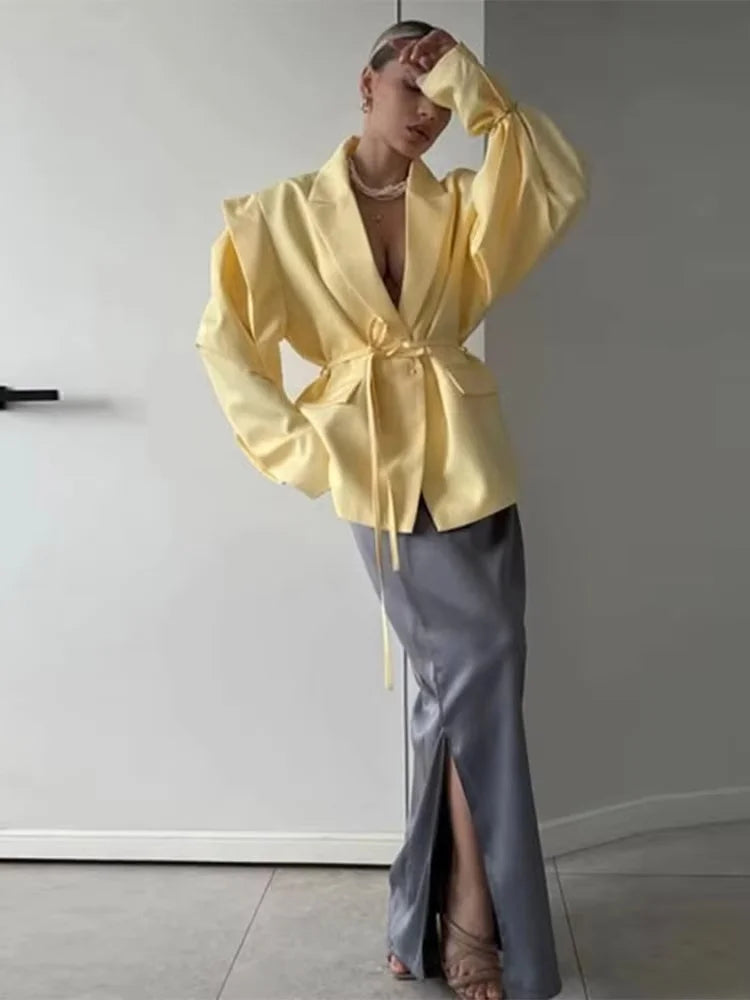 Street Lace Up Women's Blazer Yellow Long Sleeve Lapel Single Button Suit Jacket 2025 Spring Summer Lady Loose Casual Outwear