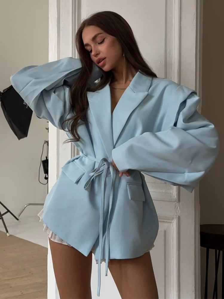 Street Lace Up Women's Blazer Yellow Long Sleeve Lapel Single Button Suit Jacket 2025 Spring Summer Lady Loose Casual Outwear