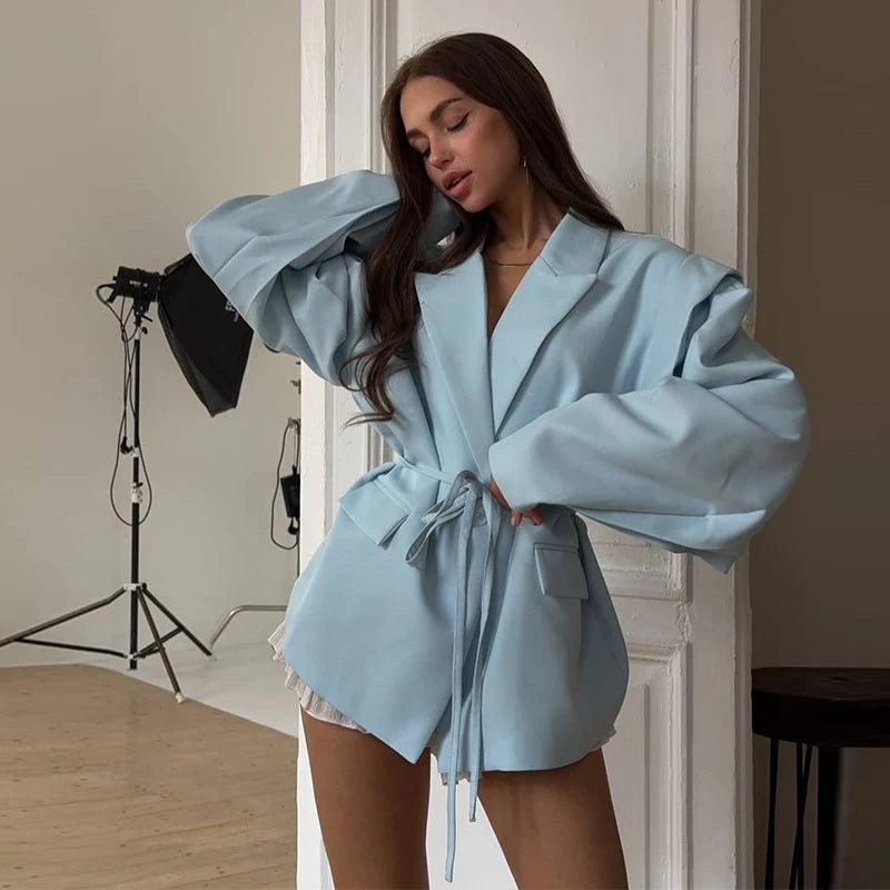 Street Lace Up Women's Blazer Yellow Long Sleeve Lapel Single Button Suit Jacket 2025 Spring Summer Lady Loose Casual Outwear