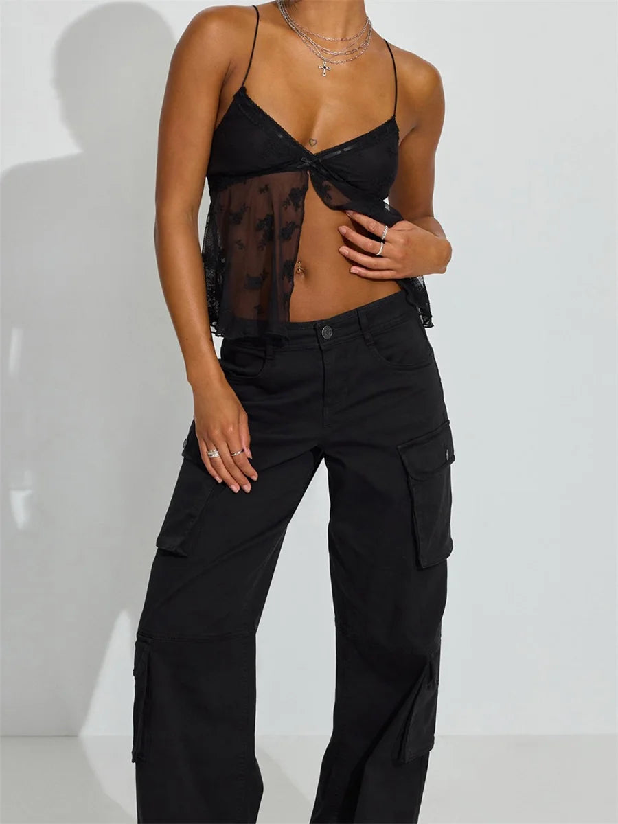 Y2k Crop Tank Top Women Sexy Front Open Sleeveless Camisole Spaghetti Strap Mesh Floral Low V Neck Backless Going Out Cami