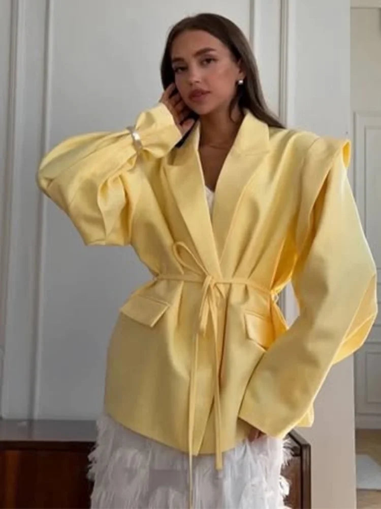 Street Lace Up Women's Blazer Yellow Long Sleeve Lapel Single Button Suit Jacket 2025 Spring Summer Lady Loose Casual Outwear