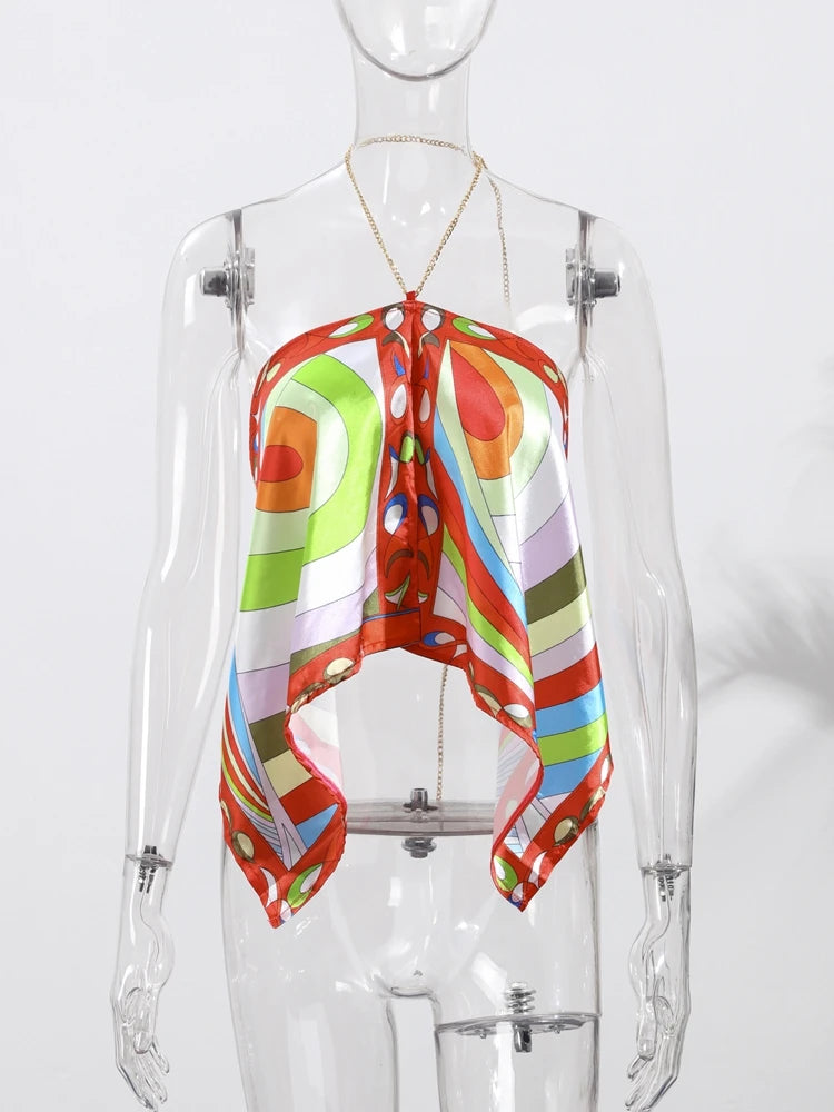 Irregular Printed Strapless Women's Vest Skirts 2 Piece Set Backless Sexy Halter Suspender Hot Girls Style Beach Vacation Suits
