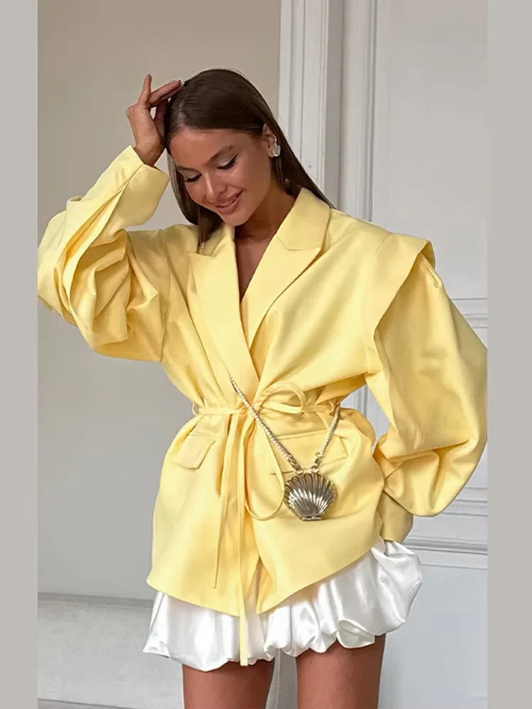 Street Lace Up Women's Blazer Yellow Long Sleeve Lapel Single Button Suit Jacket 2025 Spring Summer Lady Loose Casual Outwear