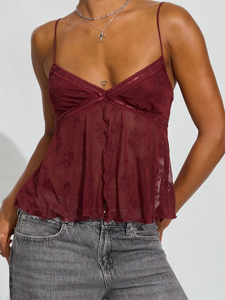 Y2k Crop Tank Top Women Sexy Front Open Sleeveless Camisole Spaghetti Strap Mesh Floral Low V Neck Backless Going Out Cami
