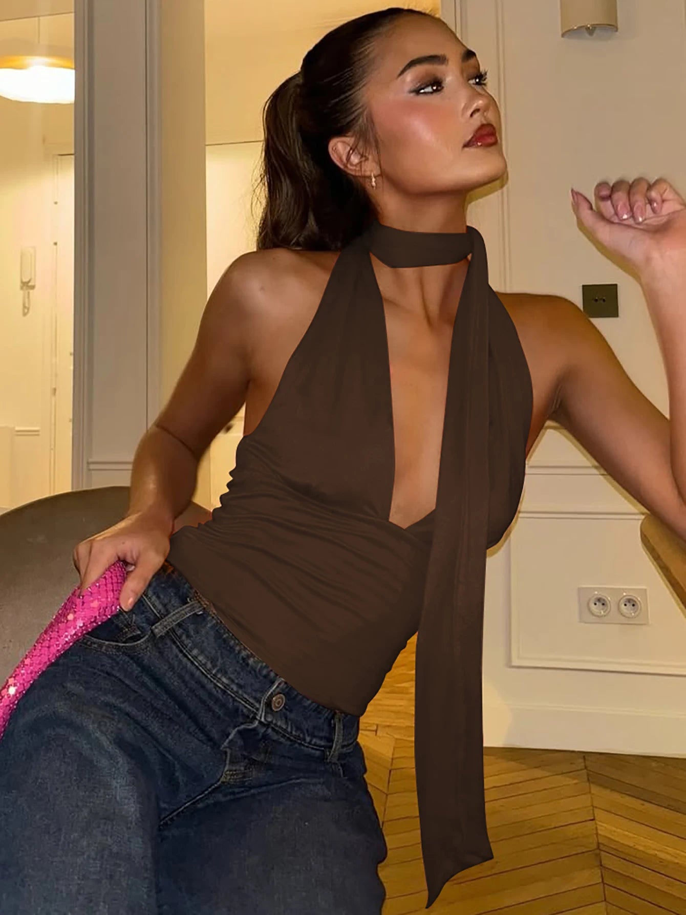 Dulzura V-Neck Sleeveless Halter Backless Bodycon Corp Top Solid Sexy Elegant Y2K Top Party Clubwear Street Summer Vest