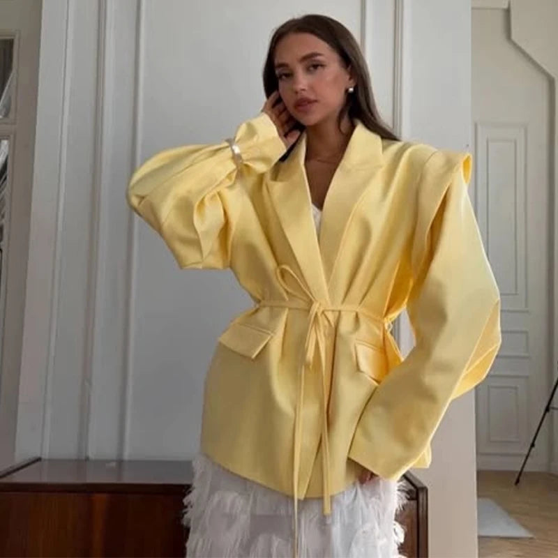 Street Lace Up Women's Blazer Yellow Long Sleeve Lapel Single Button Suit Jacket 2025 Spring Summer Lady Loose Casual Outwear