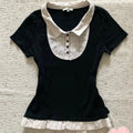 Y2k Sweet SlimTshirt Goth Fake 2 Pieces Vintage Punk Short Sleeve 2000s Button Crop Top Woman Clothing ONeck Harajuku Korea Tees