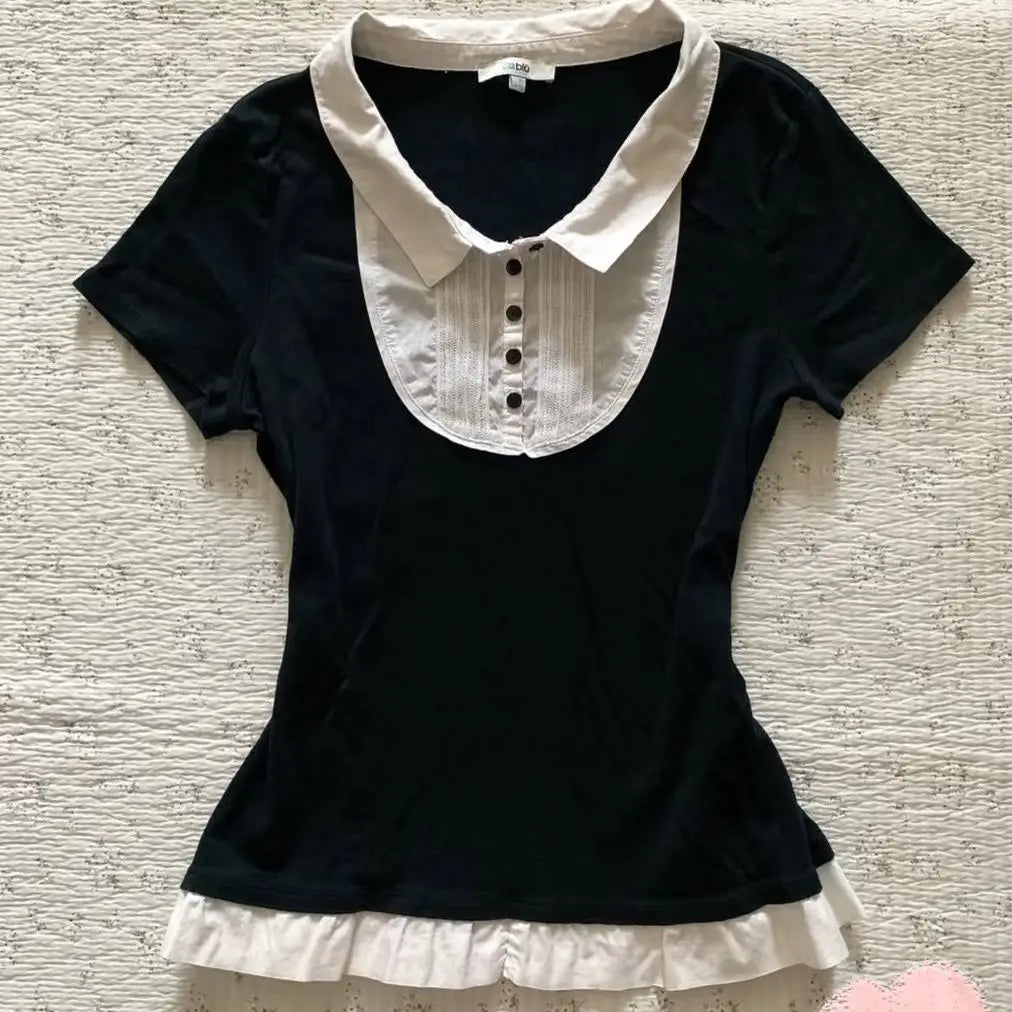 Y2k Sweet SlimTshirt Goth Fake 2 Pieces Vintage Punk Short Sleeve 2000s Button Crop Top Woman Clothing ONeck Harajuku Korea Tees