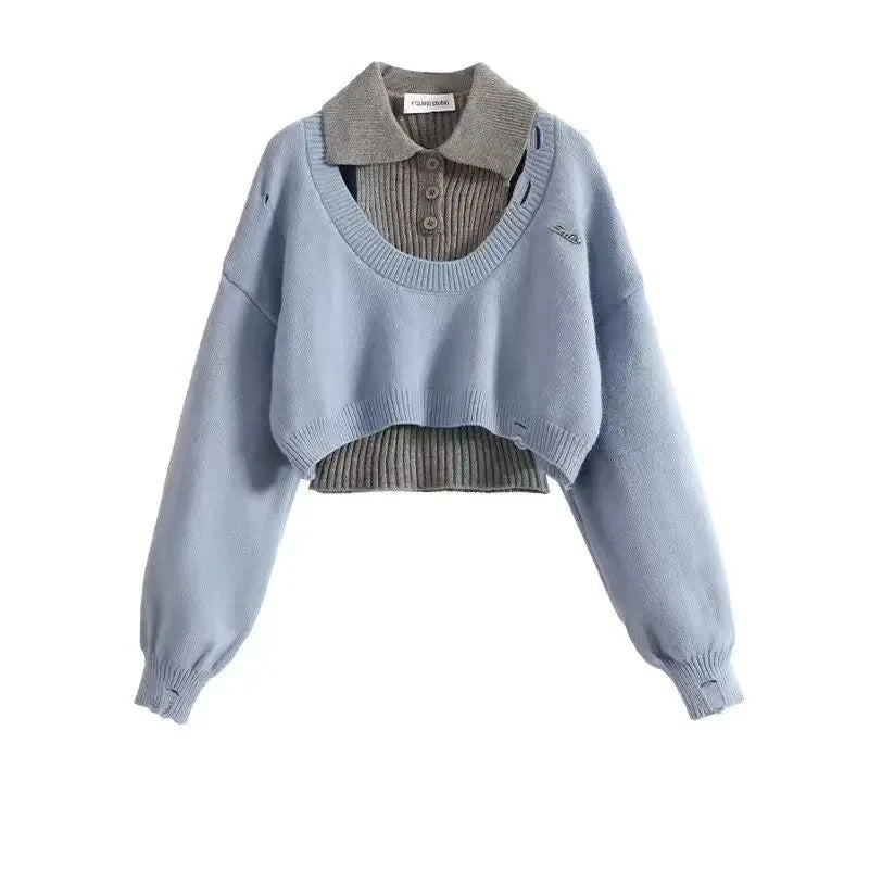 Fashion Women Short Sweater Women's Autumn Winter Wear Two-Piece Set Knitted Sweater And Vest Top outfit knitted Pullover Shirt