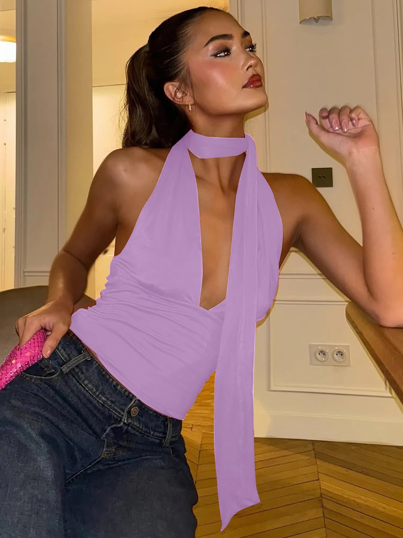 Dulzura V-Neck Sleeveless Halter Backless Bodycon Corp Top Solid Sexy Elegant Y2K Top Party Clubwear Street Summer Vest