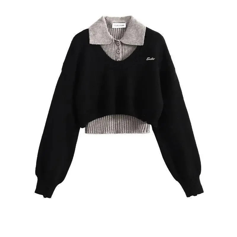 Fashion Women Short Sweater Women's Autumn Winter Wear Two-Piece Set Knitted Sweater And Vest Top outfit knitted Pullover Shirt