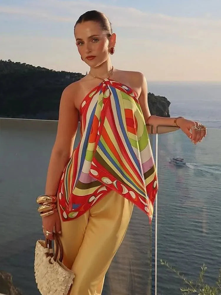 Irregular Printed Strapless Women's Vest Skirts 2 Piece Set Backless Sexy Halter Suspender Hot Girls Style Beach Vacation Suits