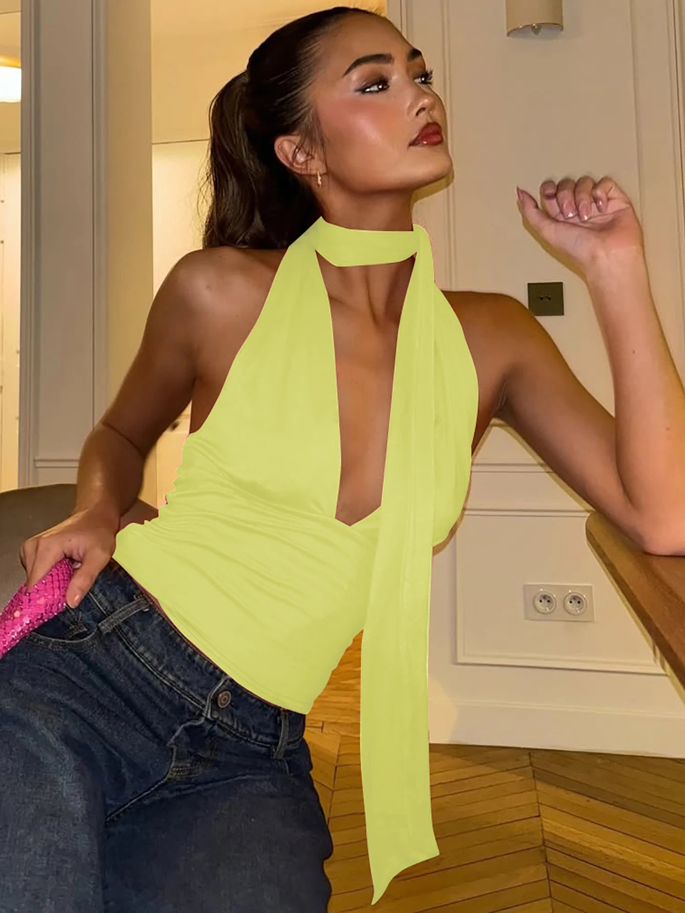 Dulzura V-Neck Sleeveless Halter Backless Bodycon Corp Top Solid Sexy Elegant Y2K Top Party Clubwear Street Summer Vest