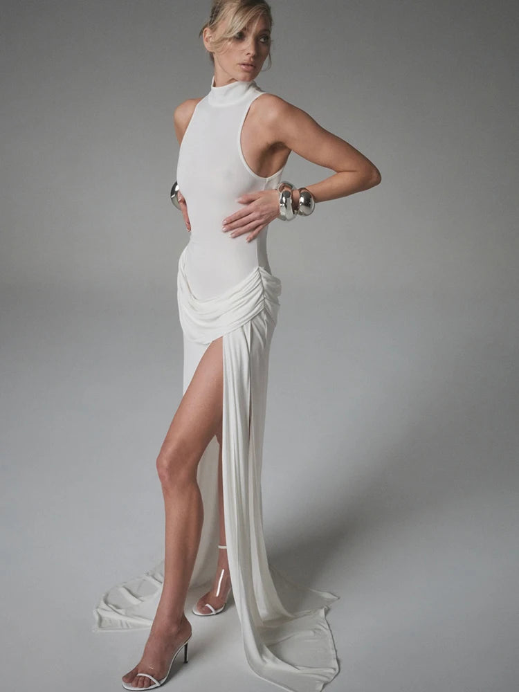 JULISSA MO Sexy High Slit Turtleneck Women Maxi Dress White Sleeveless High Waist Dress Femme Summer Slim Elegant Party Clubwear