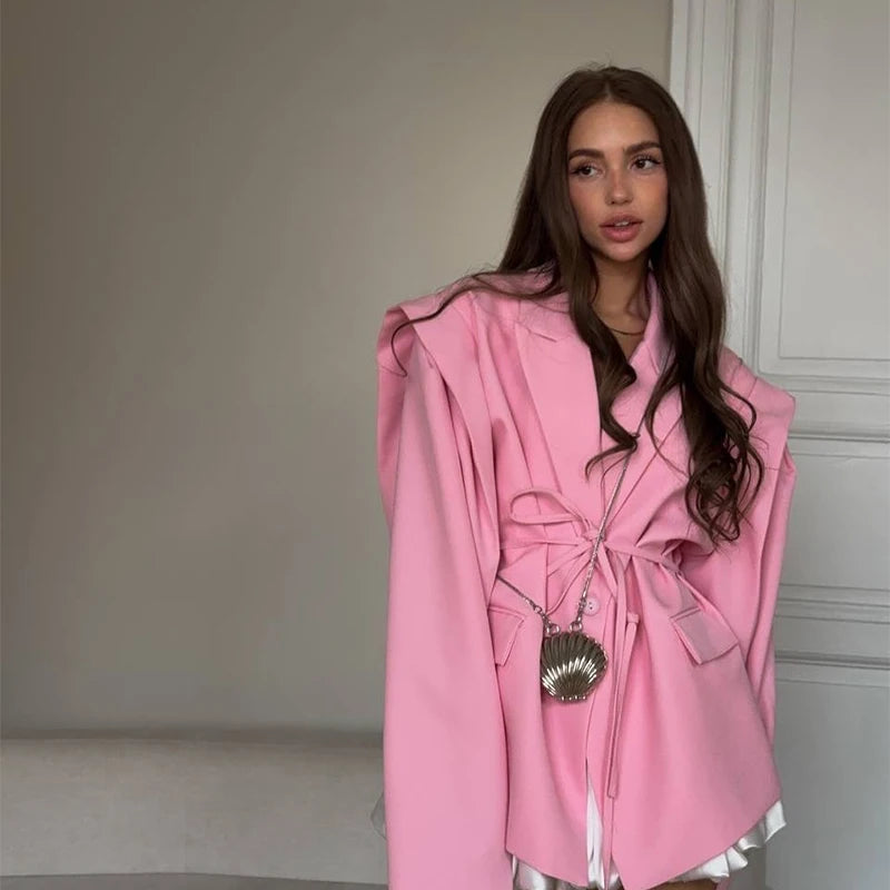 Street Lace Up Women's Blazer Yellow Long Sleeve Lapel Single Button Suit Jacket 2025 Spring Summer Lady Loose Casual Outwear