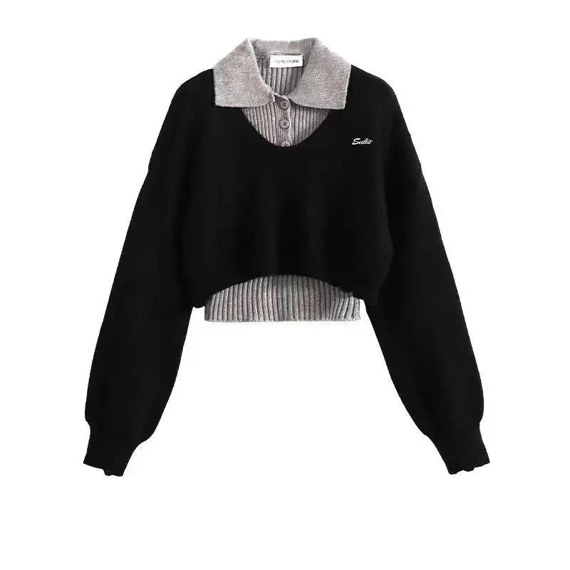 Fashion Women Short Sweater Women's Autumn Winter Wear Two-Piece Set Knitted Sweater And Vest Top outfit knitted Pullover Shirt